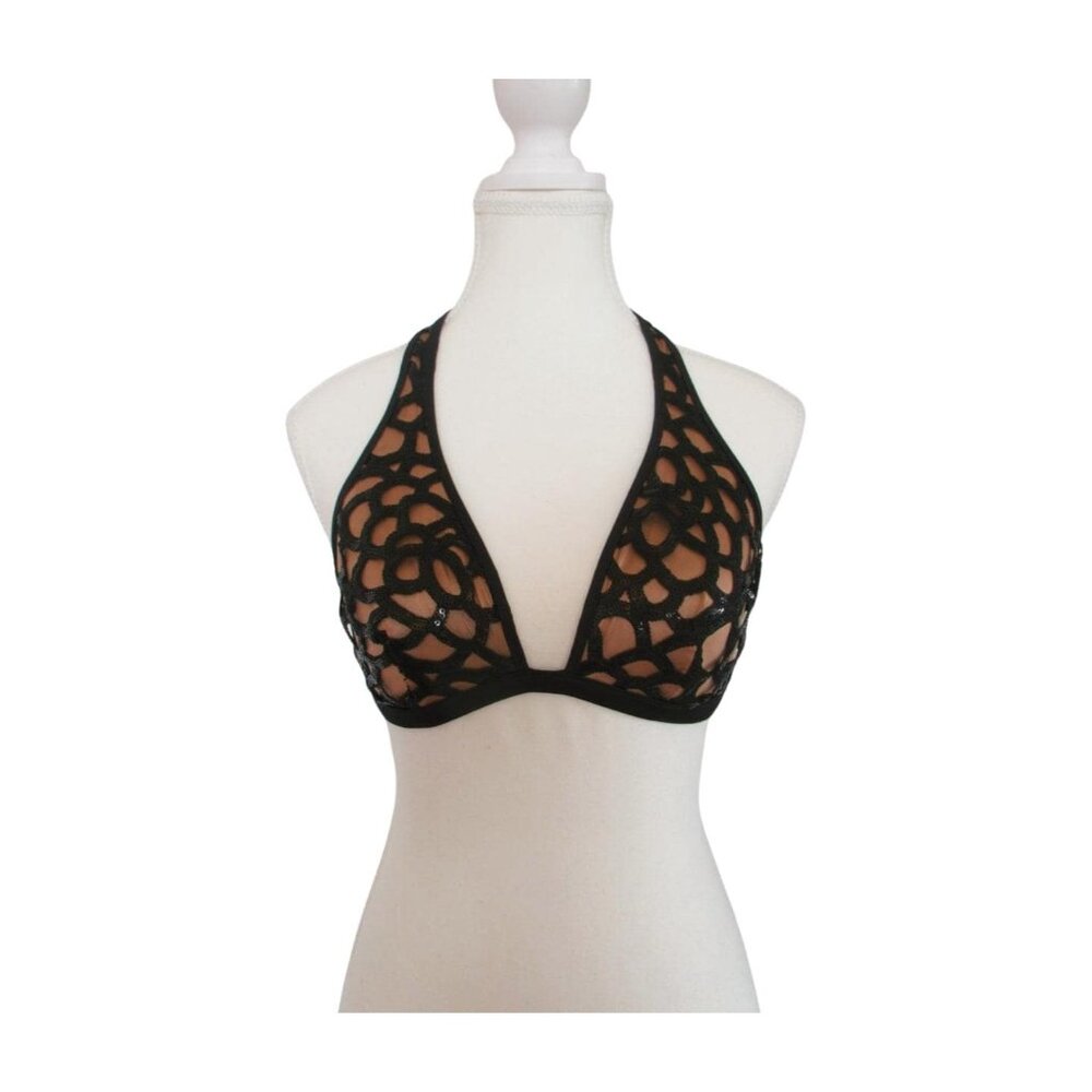 Rare Agent Provocateur Black Mesh Halter Bikini Top – Layered Triangle